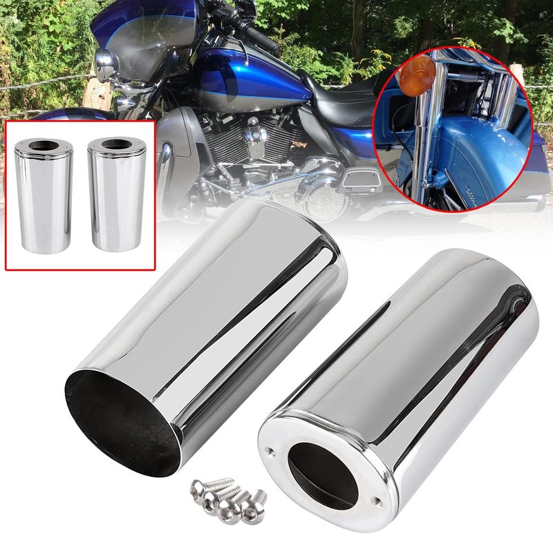 YDLMT 2 Pcs Chrome Fork Upper Sliders Covers Set Cow Bells for Harley Softail Touring Road King Electra Street Glide FLHX FLHT FLTR FLH FLT 1984-2013 - Image 2